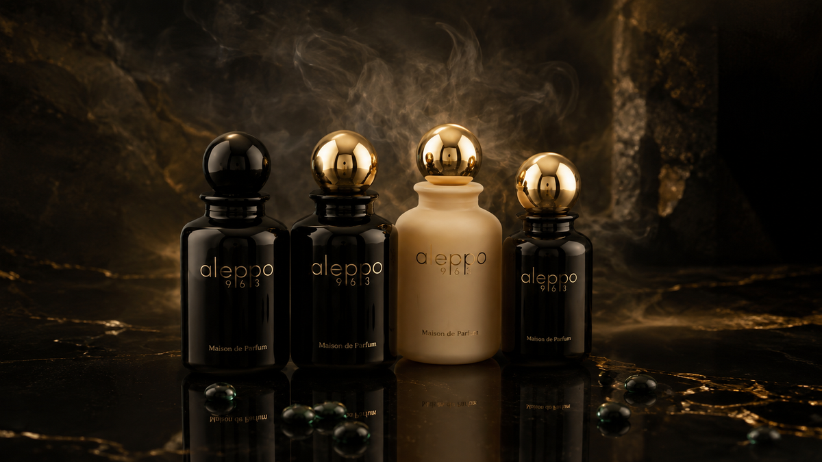 Aleppo 963 luxury perfume bottles in black, ivory and gold