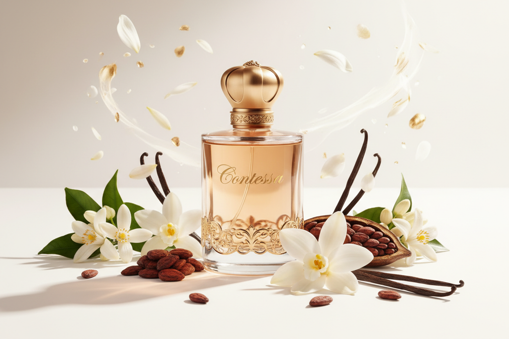 Contessa Inspiriert von: CONTRE MOI von LOUIS VUITTON. Vanille &amp; weiße Blüten. Dieser Duft bietet eine ausgewogene Komposition, die seinen besonderen Charakter unterstreicht.

Kopfnote: Orangenblüte
Herznote: Vanilleblüte
Basisnote: Kakao, Vanille
Eigenschaften: süß, blumig